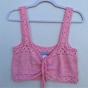 Cotton Emporium Women’s Crochet Tie Front Dusty Pick Crop Top Size M 7201